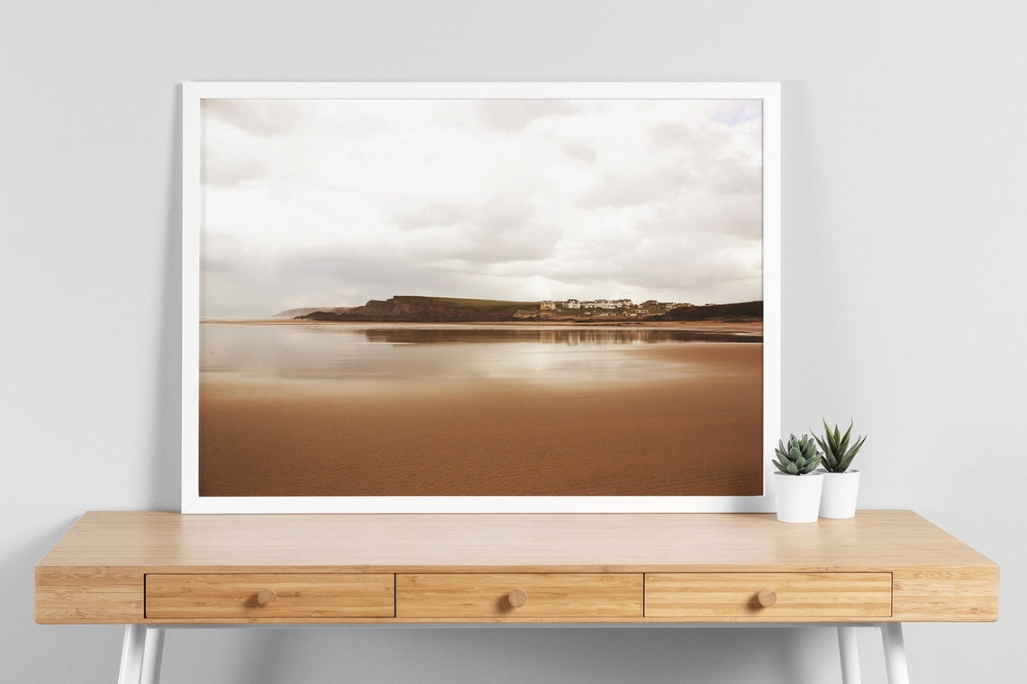Neutral Beach Reflections Wet Sand Coastal Photography Wall Art