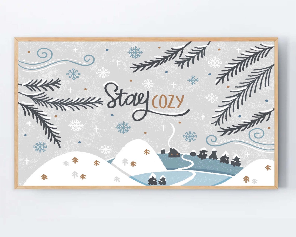 Stay Cozy Winter Hills Snowy Cabin Hand Lettered Holiday Art Print