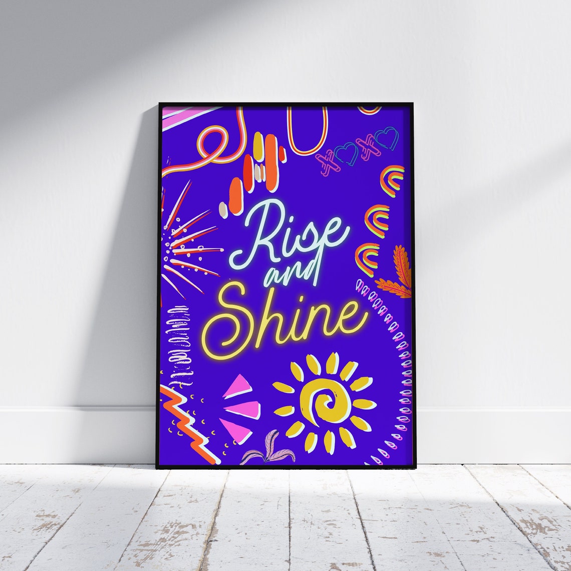 Rise and Shine Hand Lettered Doodle Rainbow Sun Burst Poster