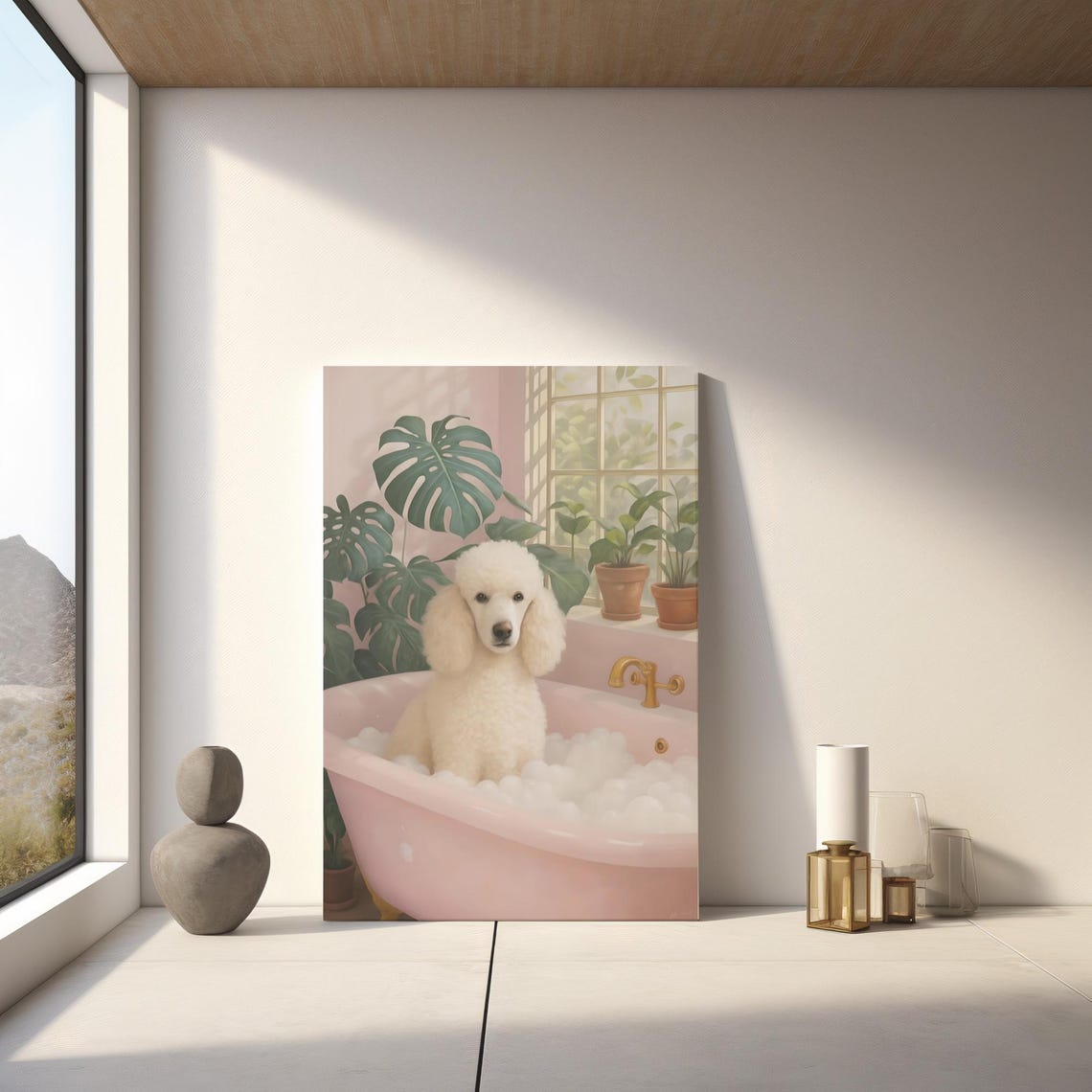 White Poodle in Bubble Bath Elegant Pink Tub Funny Dog Poster