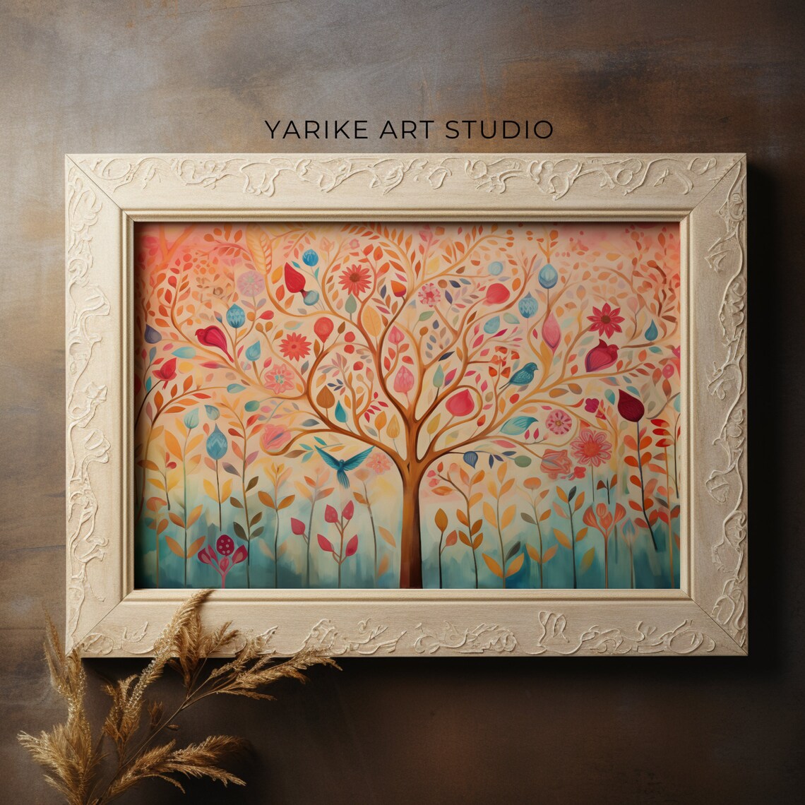 Colorful Folk Art Tree of Life with Birds and Flowers Poster - Image 4