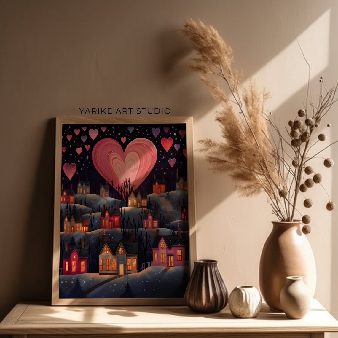 Snowy Christmas Wall Art Town City Winter Town City Art Moody Valentines Day Wall Art Love Folk Art Prints Yarike 336 Ai - Image 2
