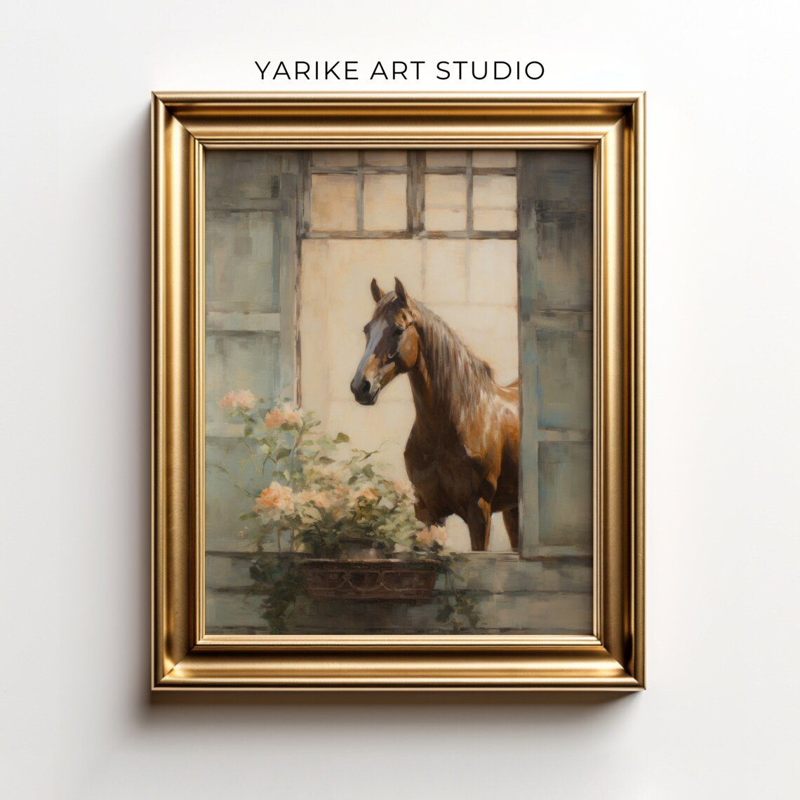 Chestnut Horse At Vintage Stable Window With Flower Box Print - Image 4