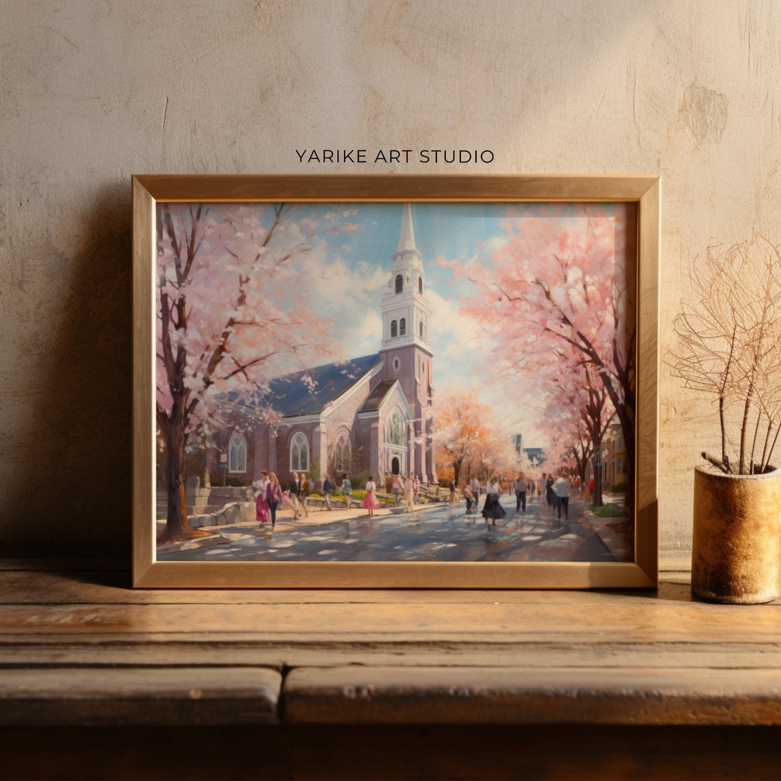 Cherry Blossom Lined Church Street Springtime City Art Poster - Image 2
