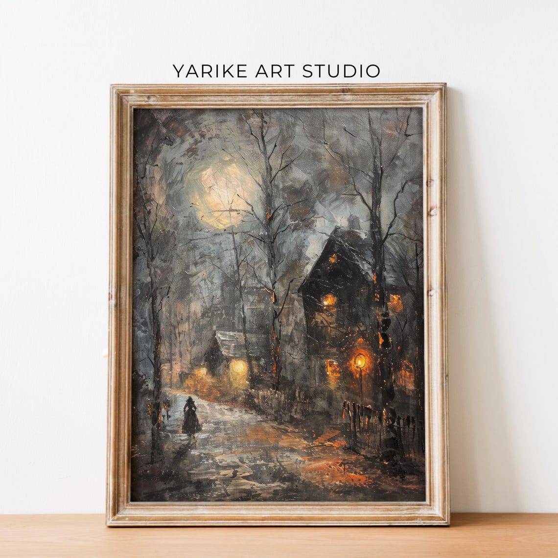 Haunted Moonlit Path to Old House Spooky Night Painting Poster - Image 5