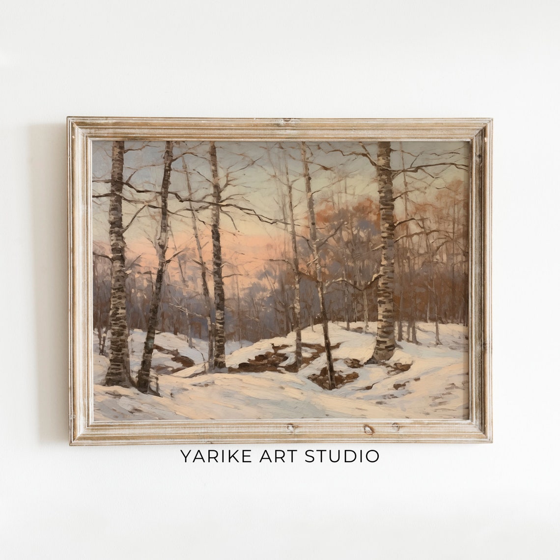 Snowy Birch Forest Sunset Pink Winter Landscape Painting Poster