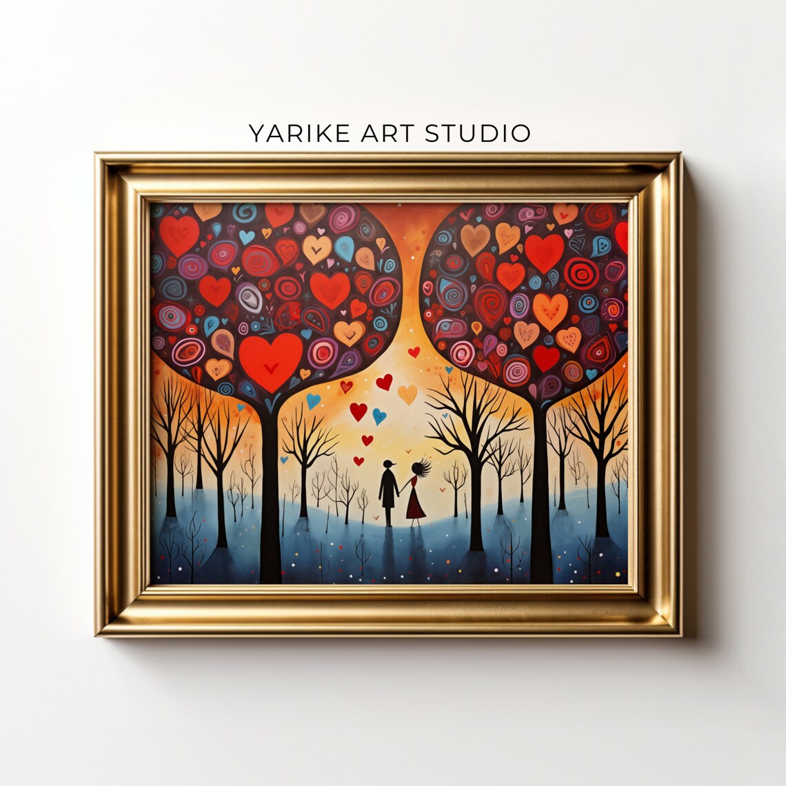 Couple Under Heart Trees In Snowy Woodland Folk Valentine Poster - Image 4