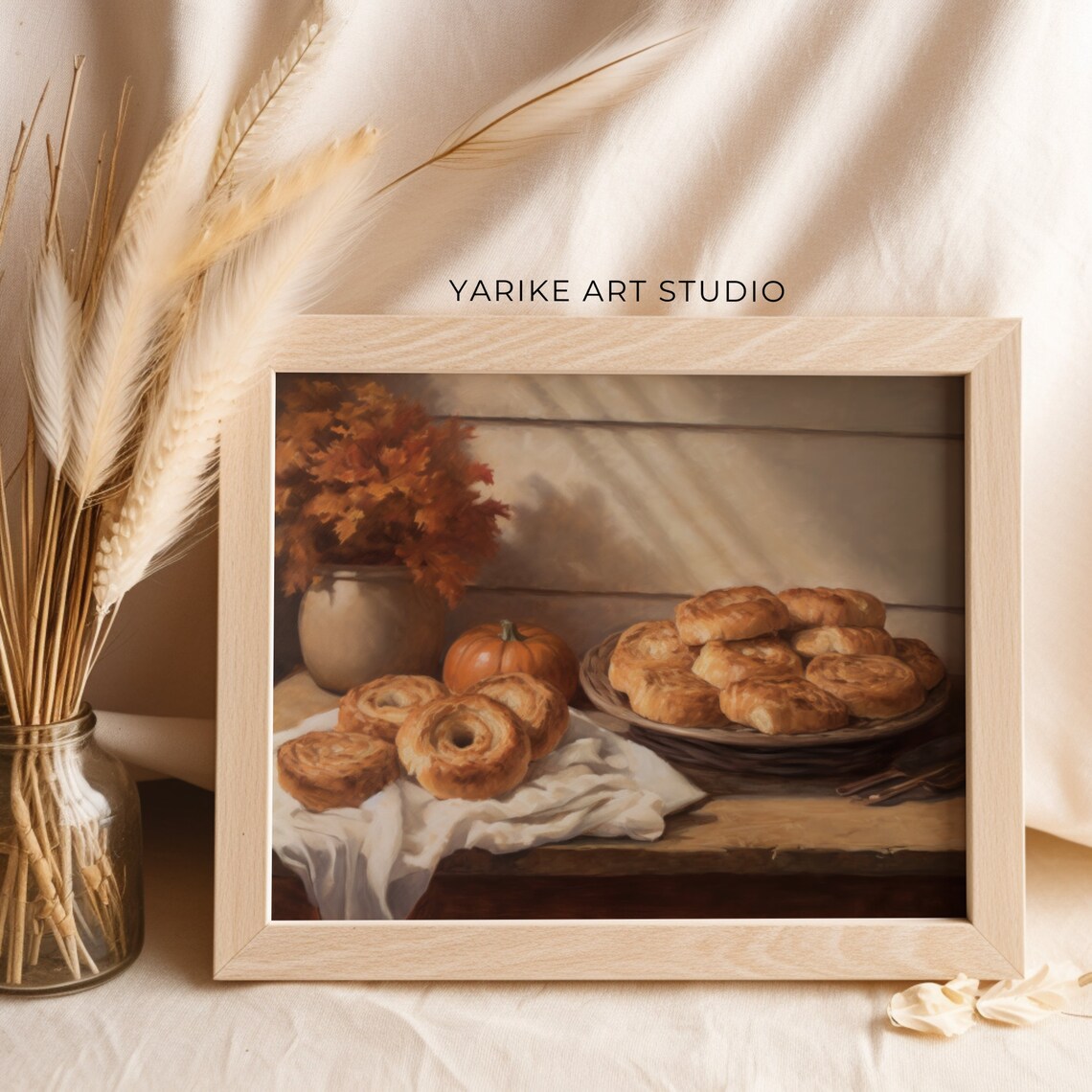 Rustic Still Life of Fresh Pastries with Pumpkin and Autumn Leaves Poster - Image 2
