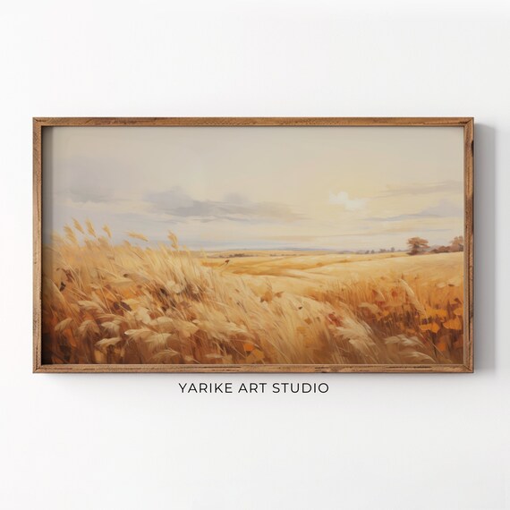 Golden Wheat Field Sunset Windy Autumn Meadow Landscape Oil Poster