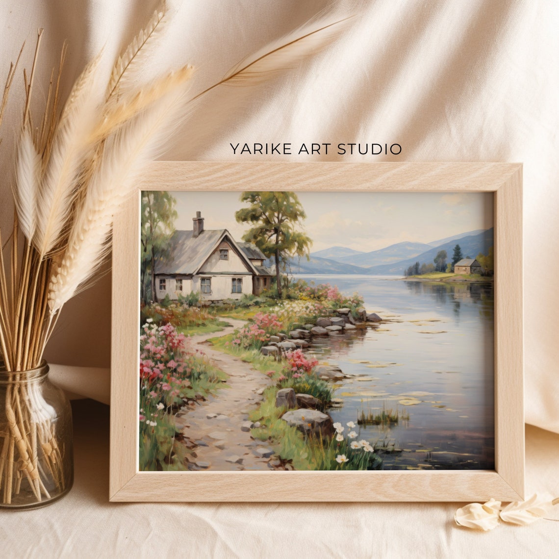 Lakeside Cottage With Flower Path And Mountain View Landscape Poster - Image 2