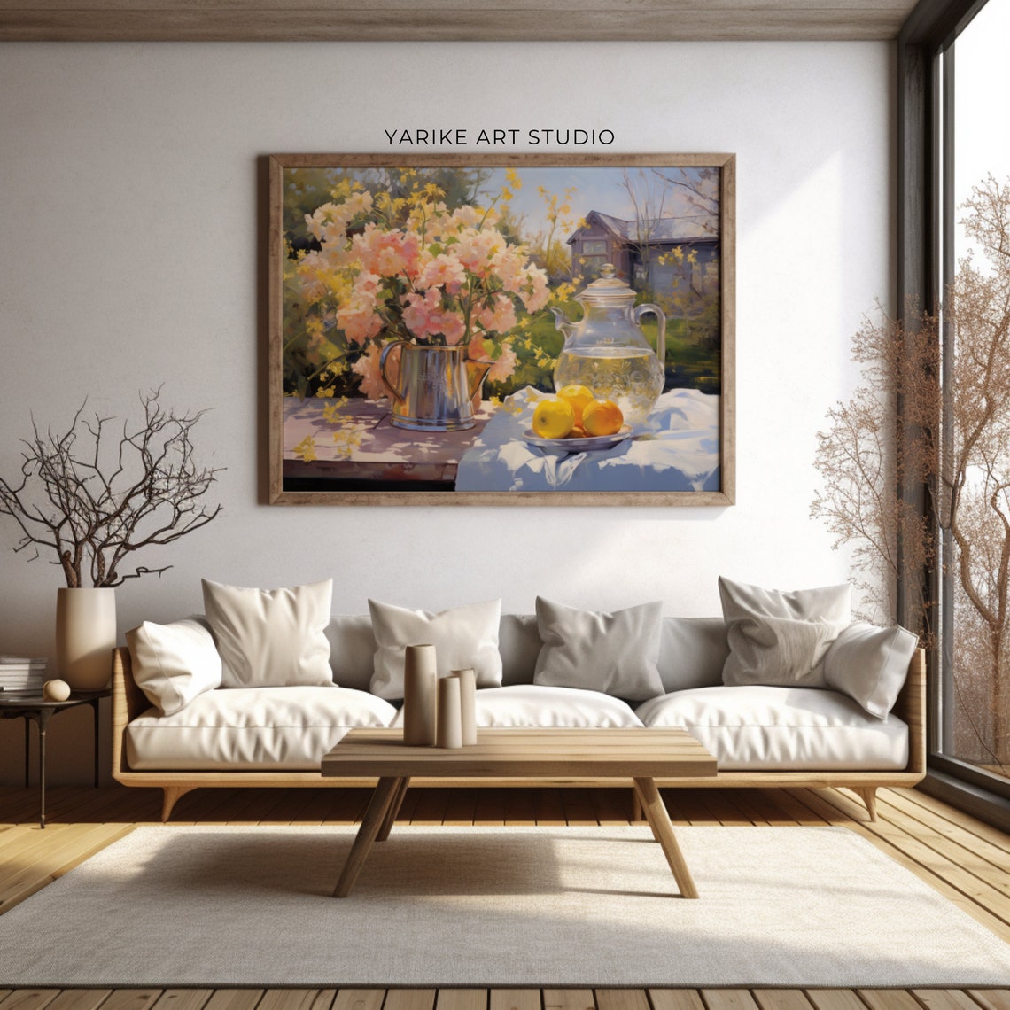 Pink Blossom Pitcher Lemons Garden Still Life Painting Poster - Image 3