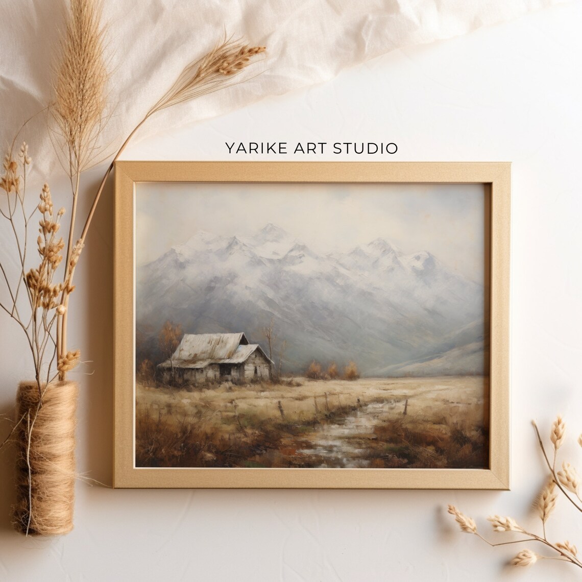 Old Barn Golden Field Misty Mountains Rustic Country Art Poster - Image 5