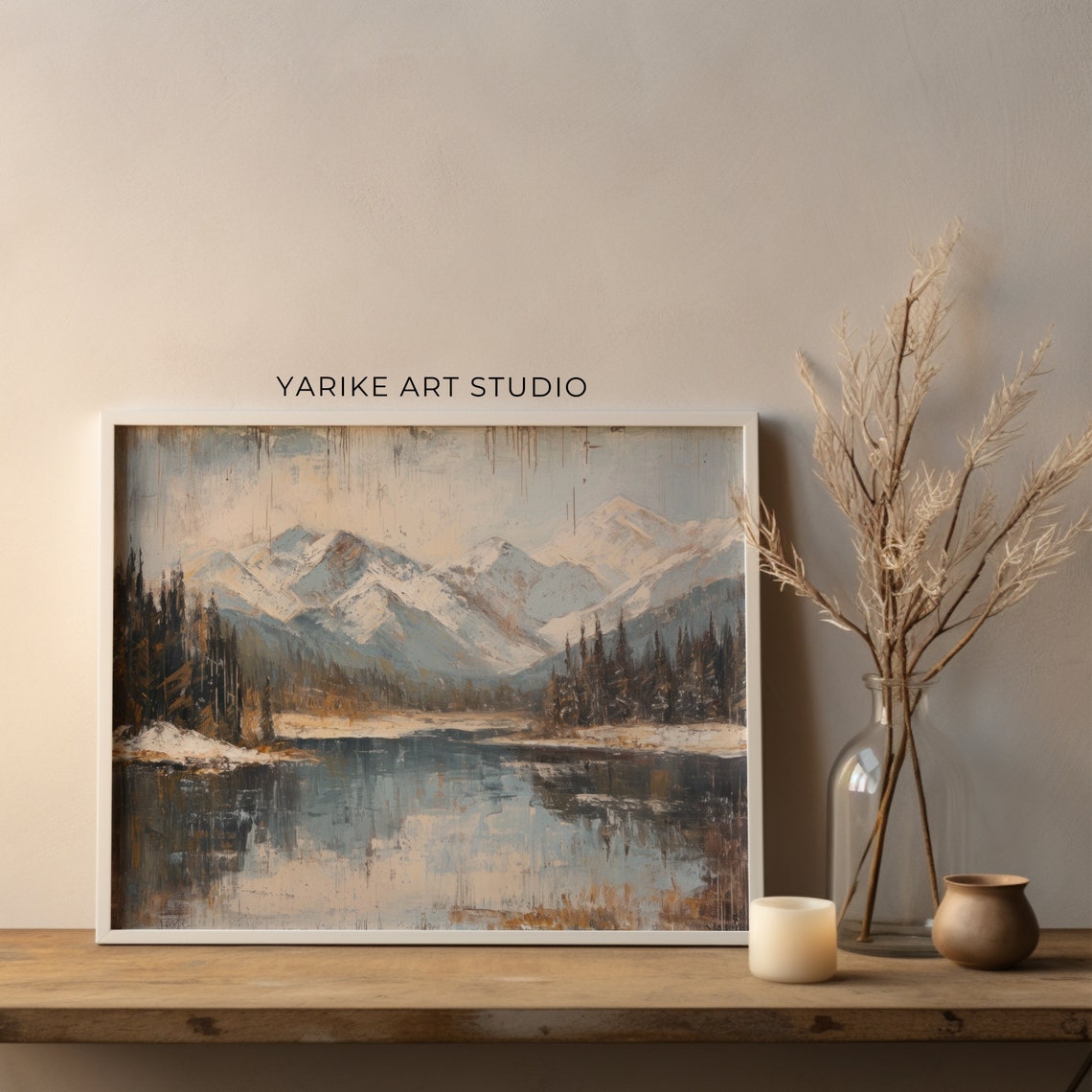 Snowy Mountain Lake Reflection Pines Vintage Landscape Poster - Image 3