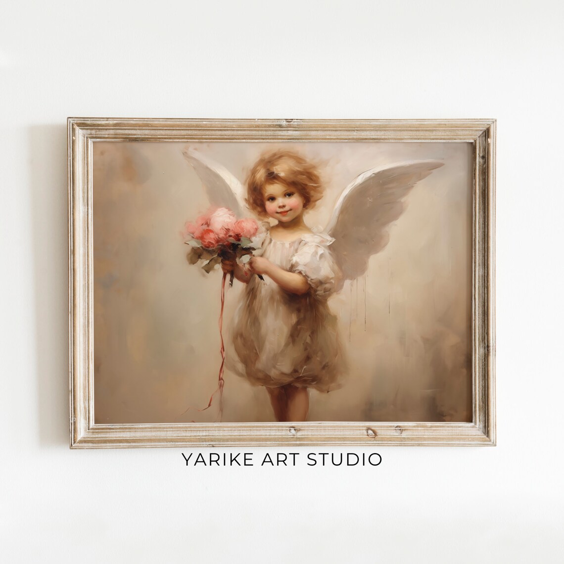 Sweet Cherub Angel with Pink Roses Bouquet Vintage Painting Poster - Image 6