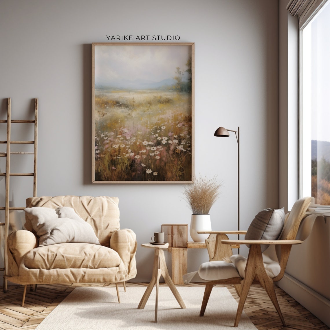 Wildflower Meadow With White Daisies Misty Mountain View Poster - Image 2