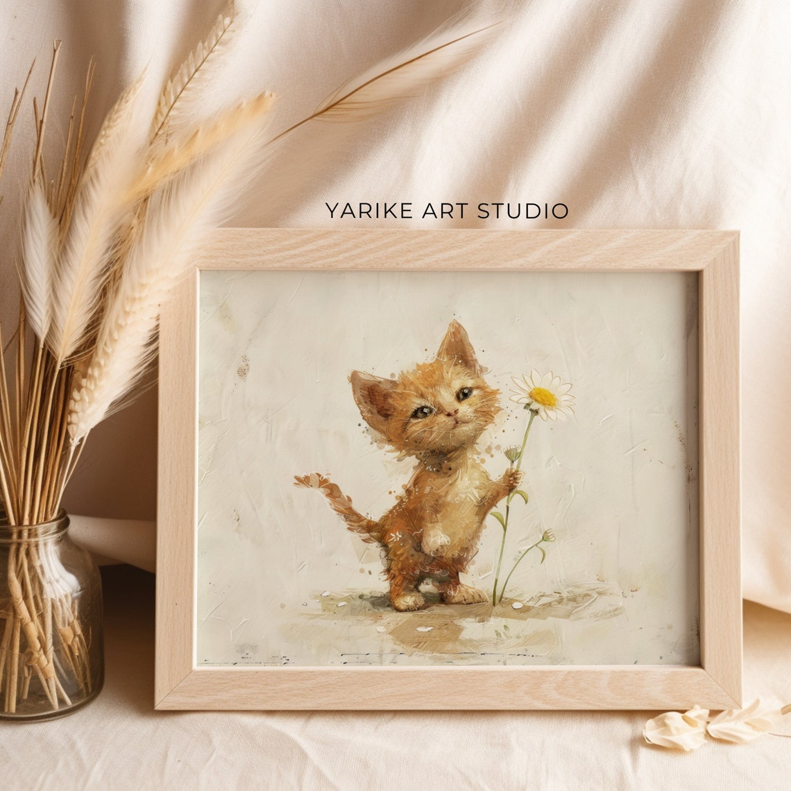 Cute Ginger Kitten Watercolor Daisy Flower Kitten Painting Poster - Image 6