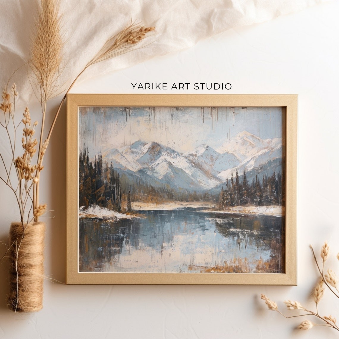 Snowy Mountain Lake Reflection Pines Vintage Landscape Poster - Image 5