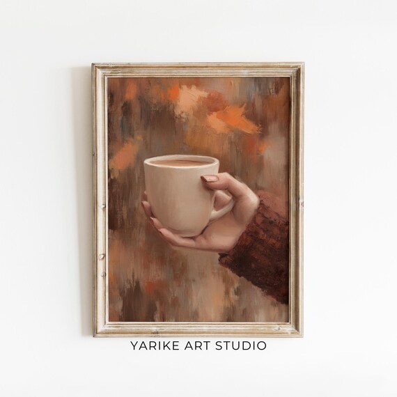 Hand Holding Warm Coffee Mug Against Autumn Background Cozy Art Print