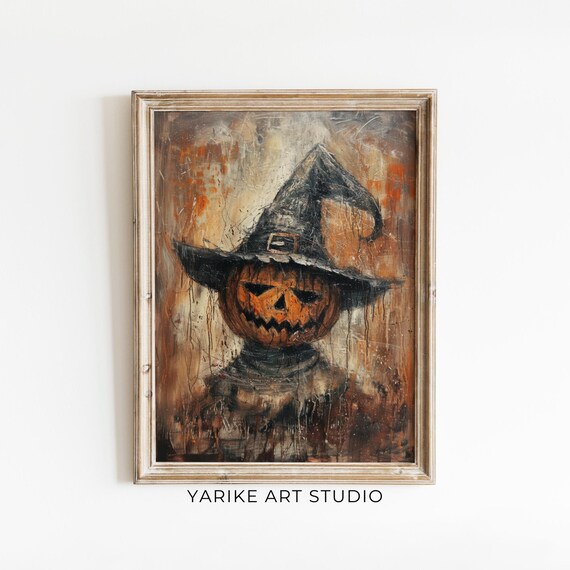Scary Jack O Lantern Pumpkin Wearing Witch Hat Dark Halloween Art Print