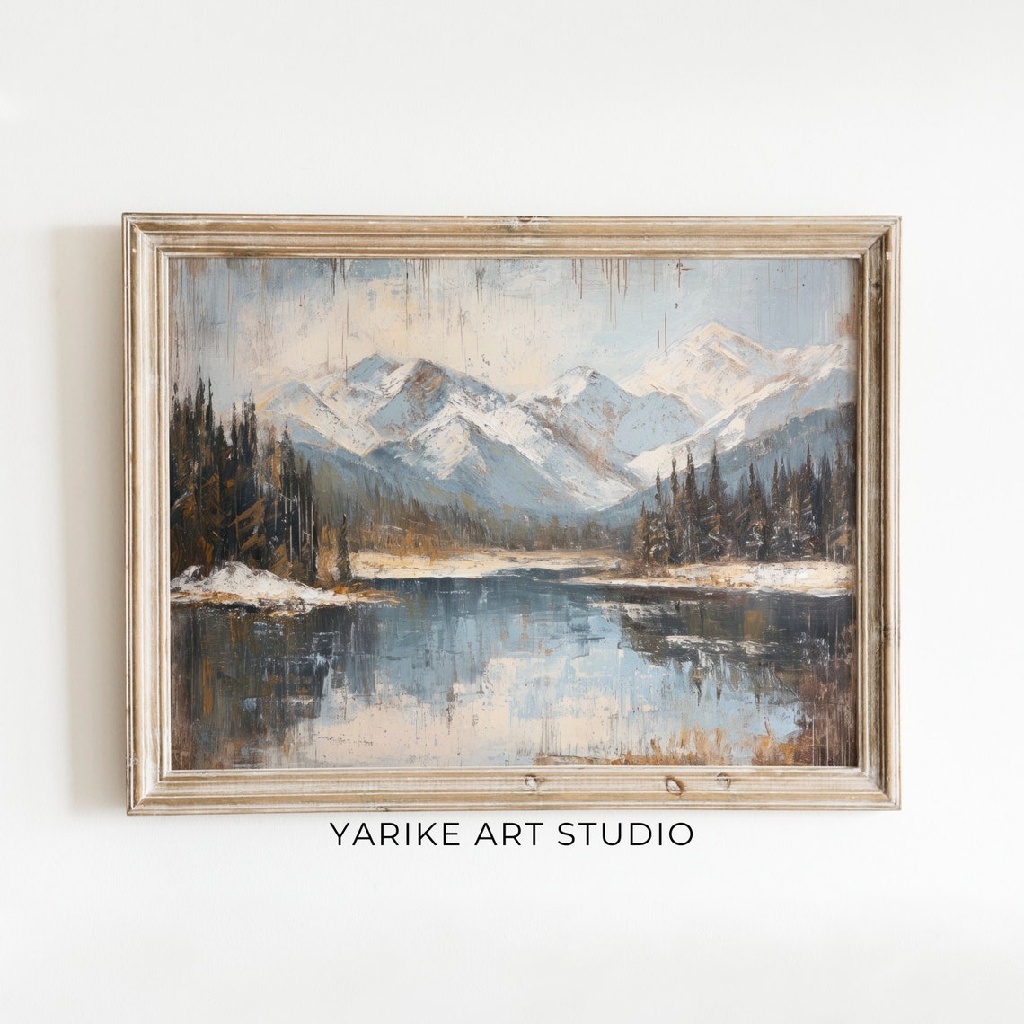 Snowy Mountain Lake Reflection Pines Vintage Landscape Poster