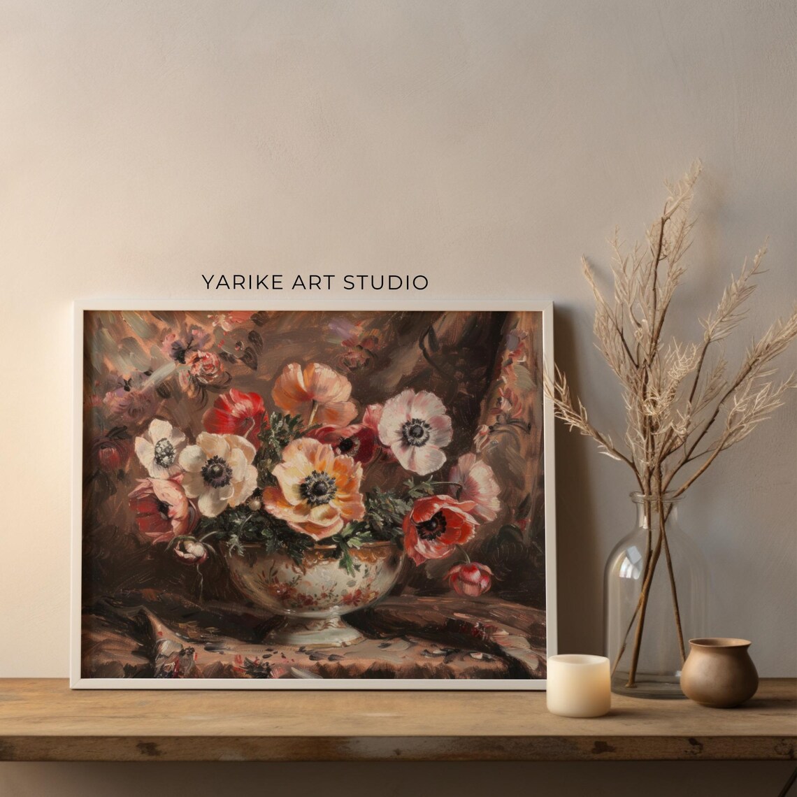 Vintage Anemone Bouquet Bowl Floral Still Life Oil Painting Poster - Image 4