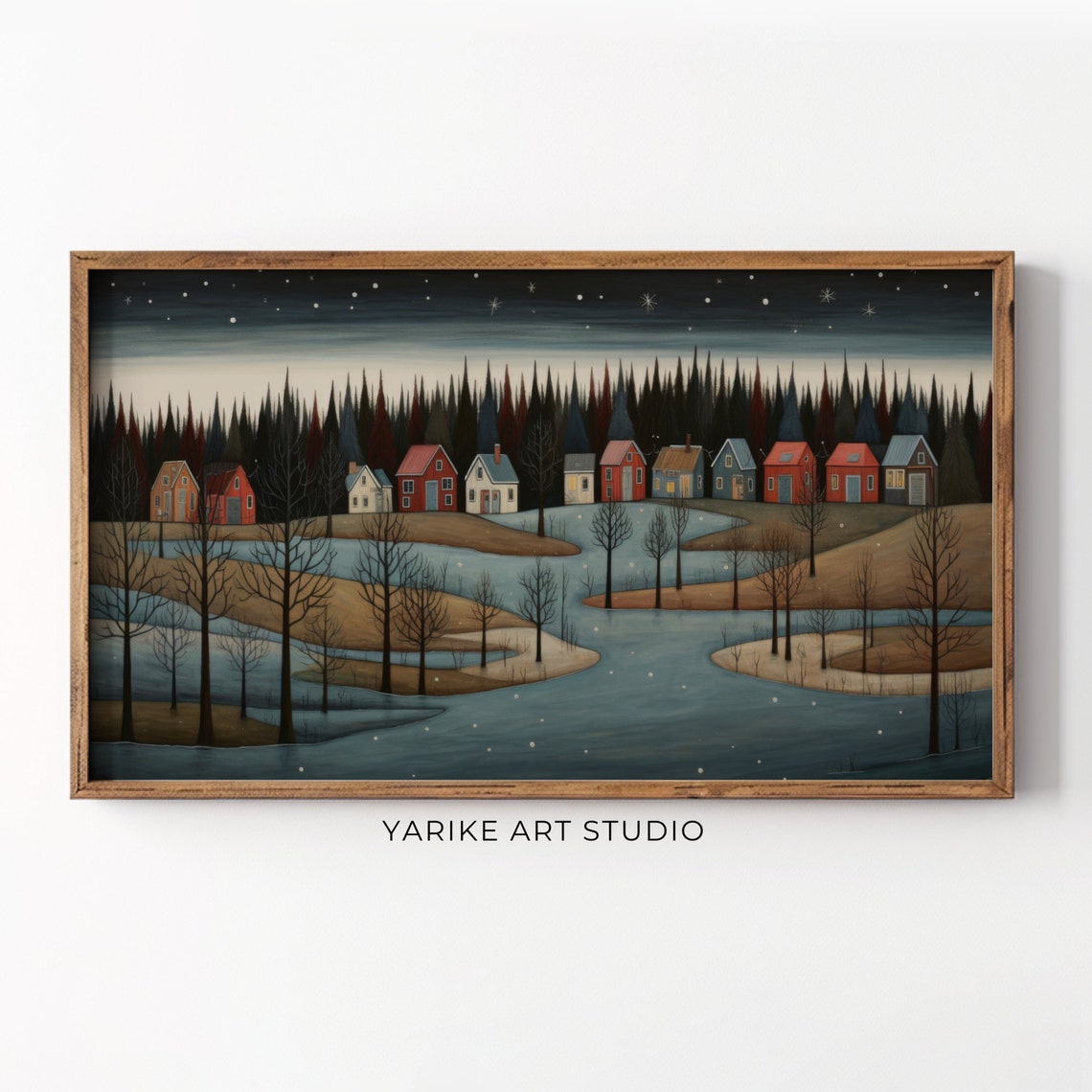 Vintage Winter Town Night Frame Tv Art Christmas Folk Art Frame Tv Screensaver Neutral Holiday Winter Village Landscape Painting 30 Tv