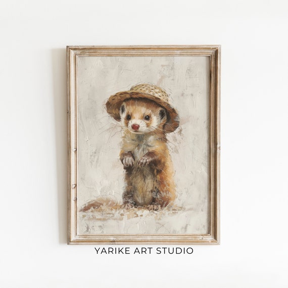Vintage Ferret Portrait Painting Rustic Wall Art Decor Farmhouse Wall Art Woodland Animal Print Nursery Mustelid Ai Wall Art Print 665