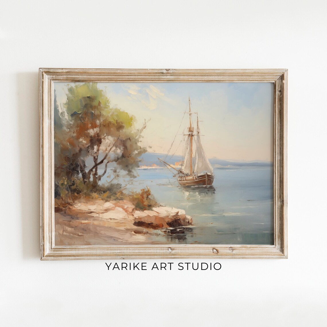 Muted Coastal Sailboat Print Vintage Nautical Painting Oil Painting Sign Neutral Seascape Print Wall Art Yarike 220 Ai