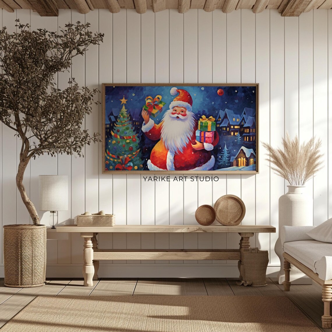 Classic Santa Claus Gifts Snowy Village Night Christmas Poster - Image 2