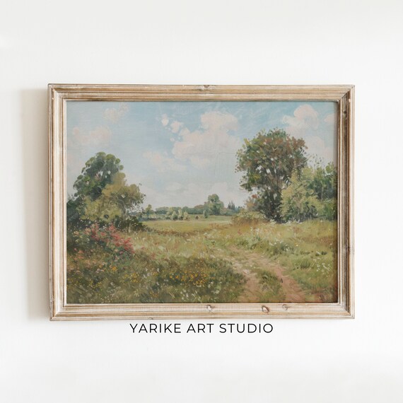 Vintage Spring Meadow Landscape, Rustic Country Field Art Print