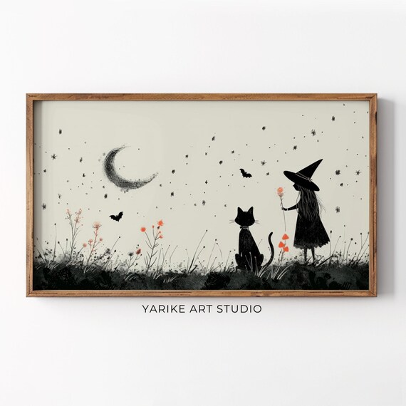 Witch and Black Cat Silhouette Crescent Moon Minimalist Art Poster