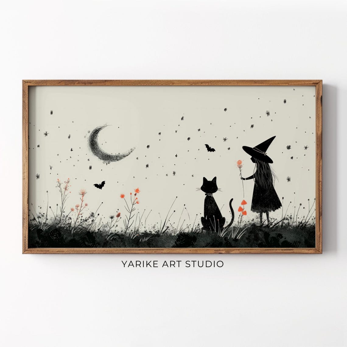Witch and Black Cat Silhouette Crescent Moon Minimalist Art Poster