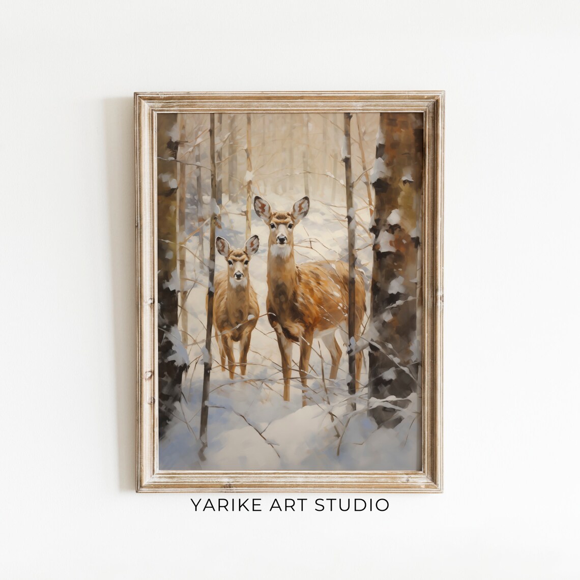 Two Deer Snowy Winter Forest Vintage Wildlife Oil Painting Poster