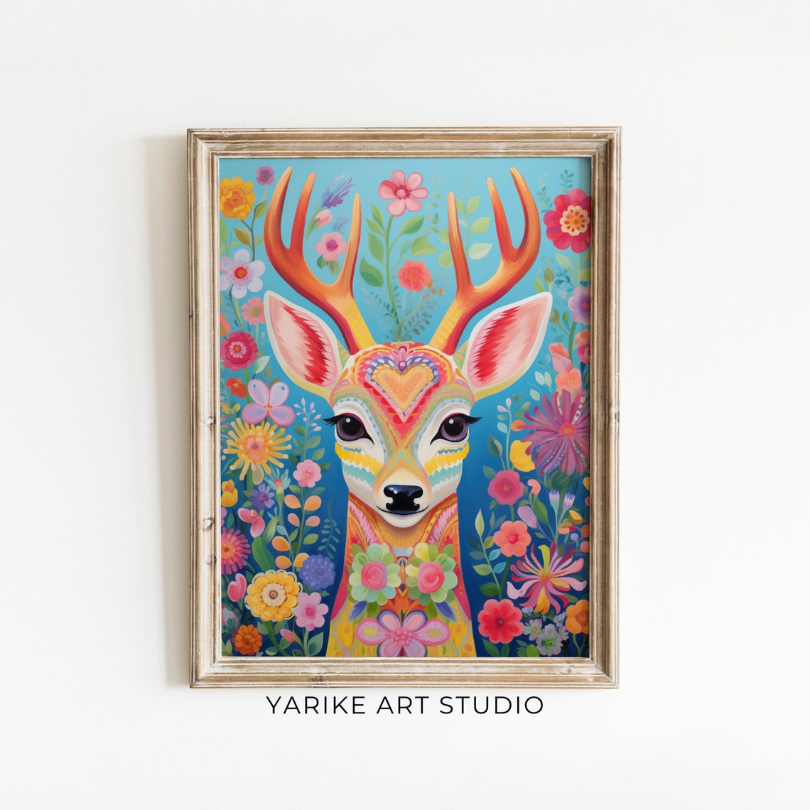 Colorful Folk Art Deer With Antlers And Floral Pattern Poster