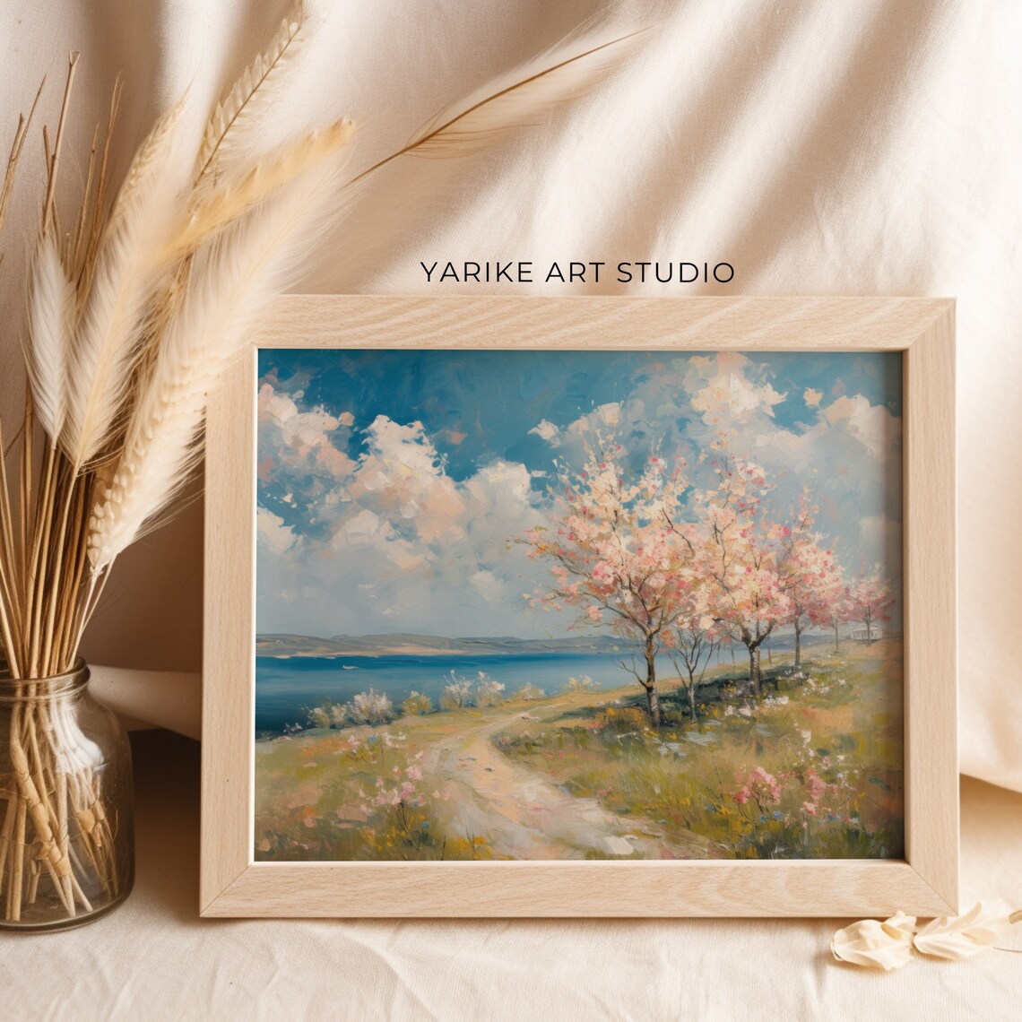 Cherry Blossom Trees By Blue River Spring Impressionist Landscape Poster - Image 2