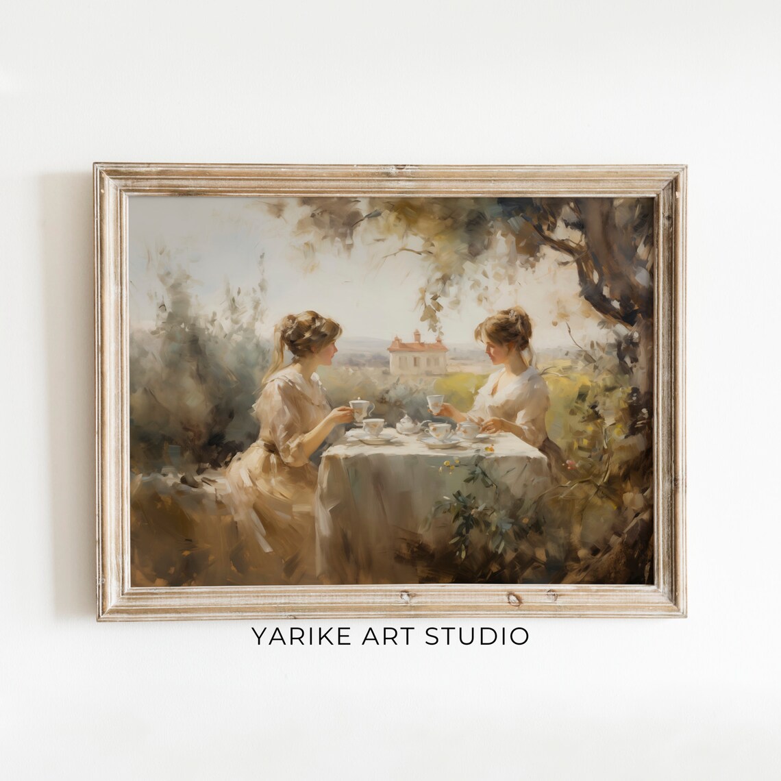 Two Women Having Garden Tea Party Vintage Impressionist Oil Print
