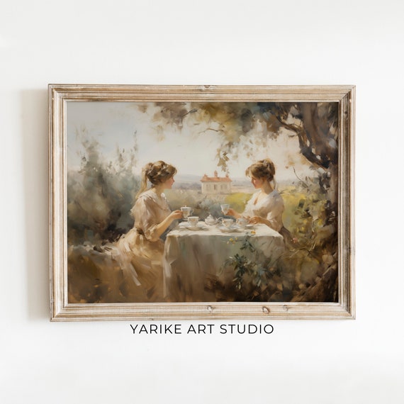Two Women Drinking Tea Print Farmhouse Art Classical Landscape Countryside Decor Country Kitchen Artwork Yarike 257 Ai