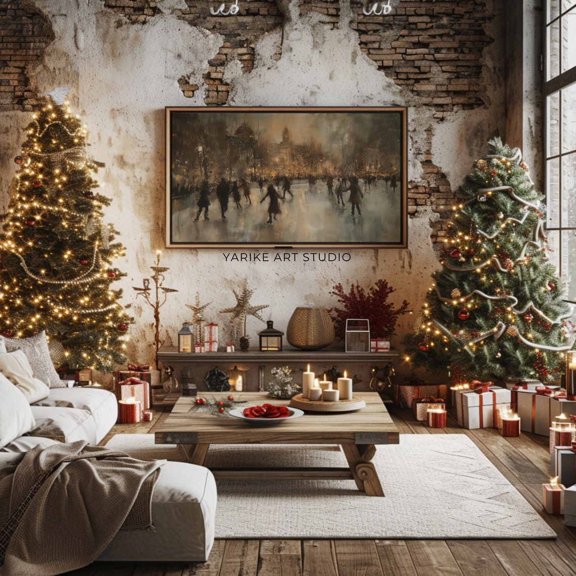Vintage Style Christmas Frame Tv Art Ice Skater Town Night Winter Landscape Oil Painting Tv Art Ice Skating Landscape 77 Tv - Image 2