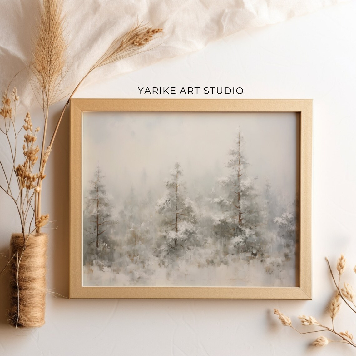 Misty Snow Covered Pine Forest Winter Wonderland Painting Poster - Image 2