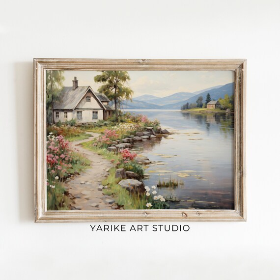 Lakeside Cottage With Flower Path And Mountain View Landscape Poster