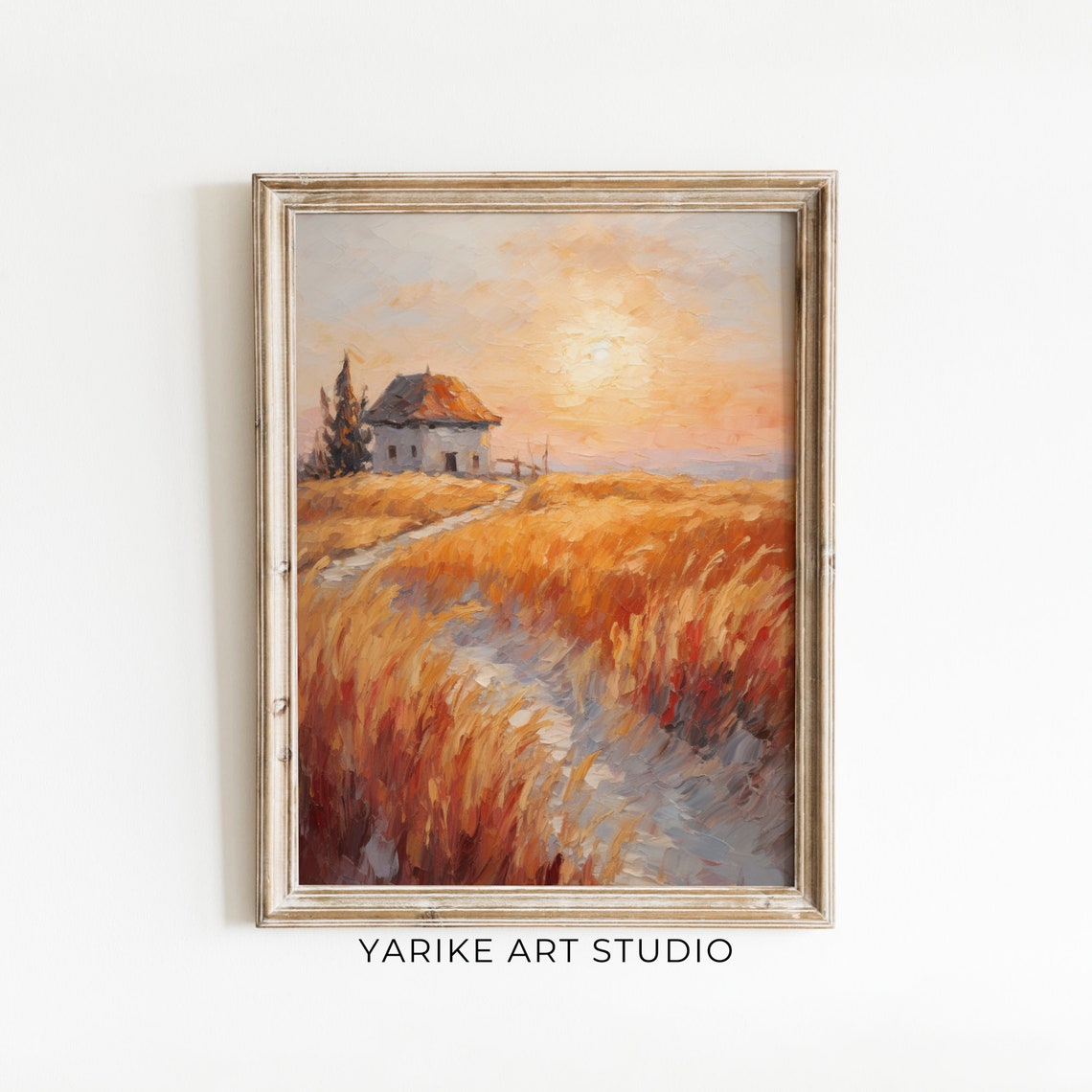 Country Hut In Golden Wheat Field At Sunset Rustic Vintage Poster