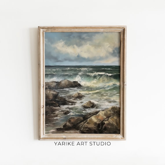 Moody Rocky Shore Ocean Waves Vintage Seascape Painting Poster