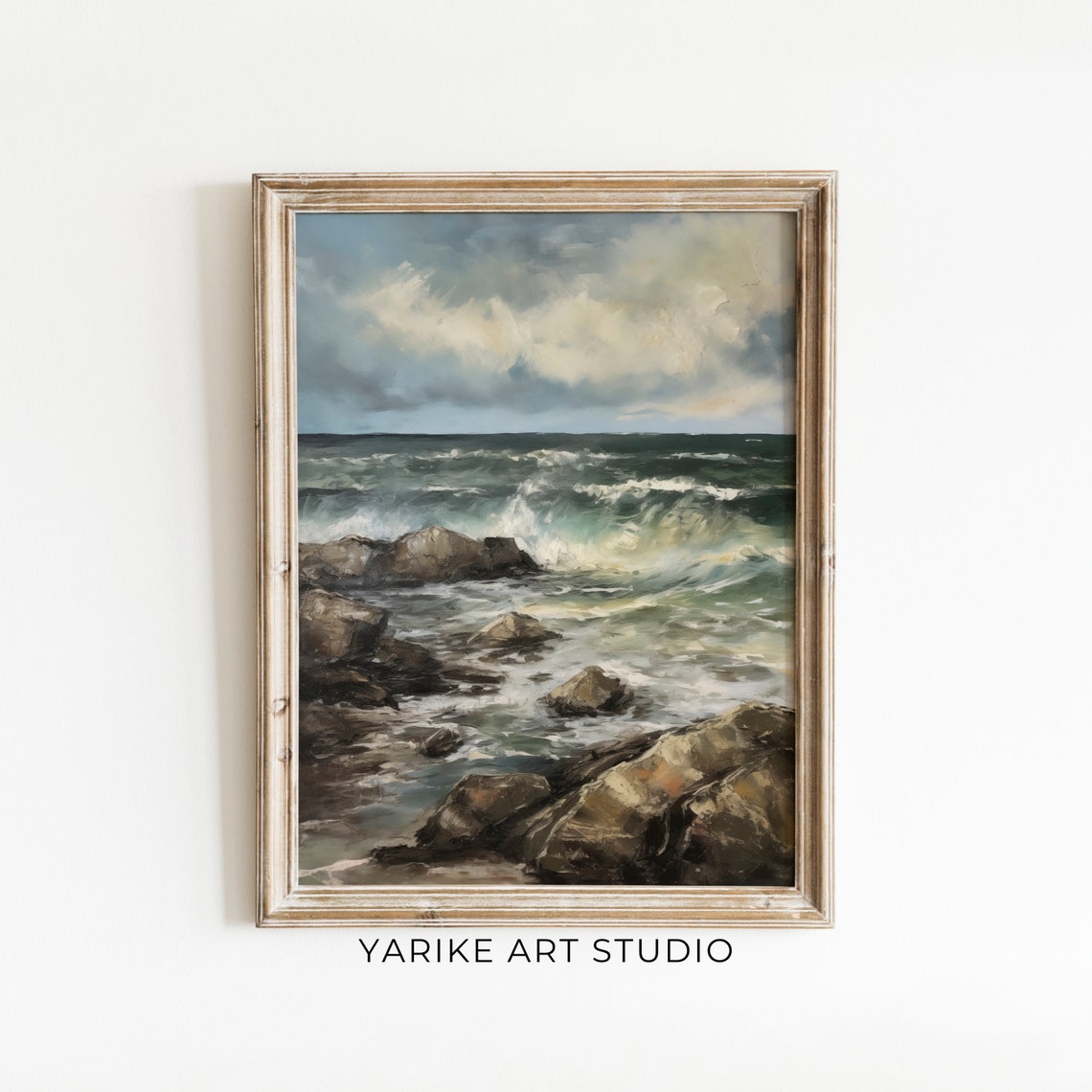 Moody Rocky Shore Ocean Waves Vintage Seascape Painting Poster