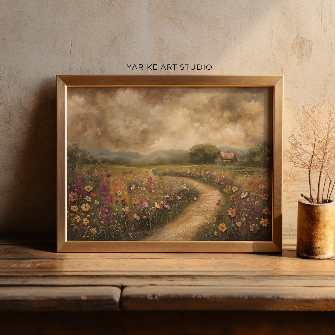 Wildflower Path Barn Dramatic Cloudy Sky Country Landscape Poster - Image 2
