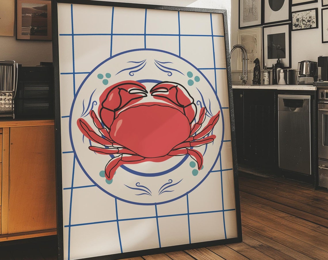 Red Crab on Blue Plate Tile Grid Bold Kitchen Seafood Poster