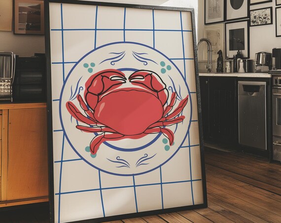 Crab Plate Print Blue Seafood Kitchen Decor Retro Crab Wall Art Gift