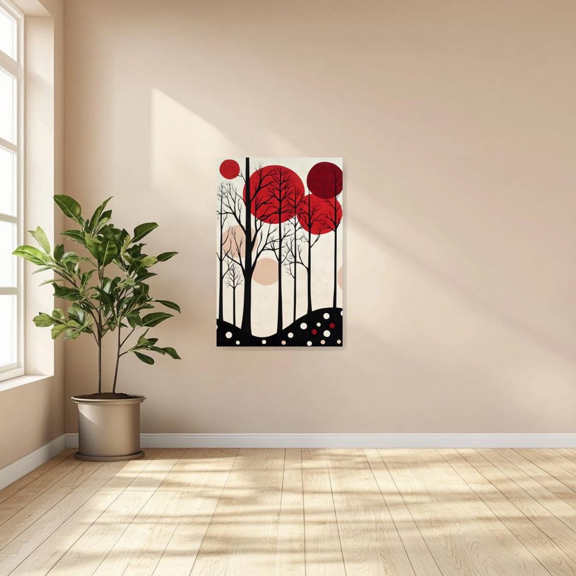 Modern Abstract Tree Art Print In The Style Of Klee With Red And Beige Circular Elements For Unique Home Decor - Image 2