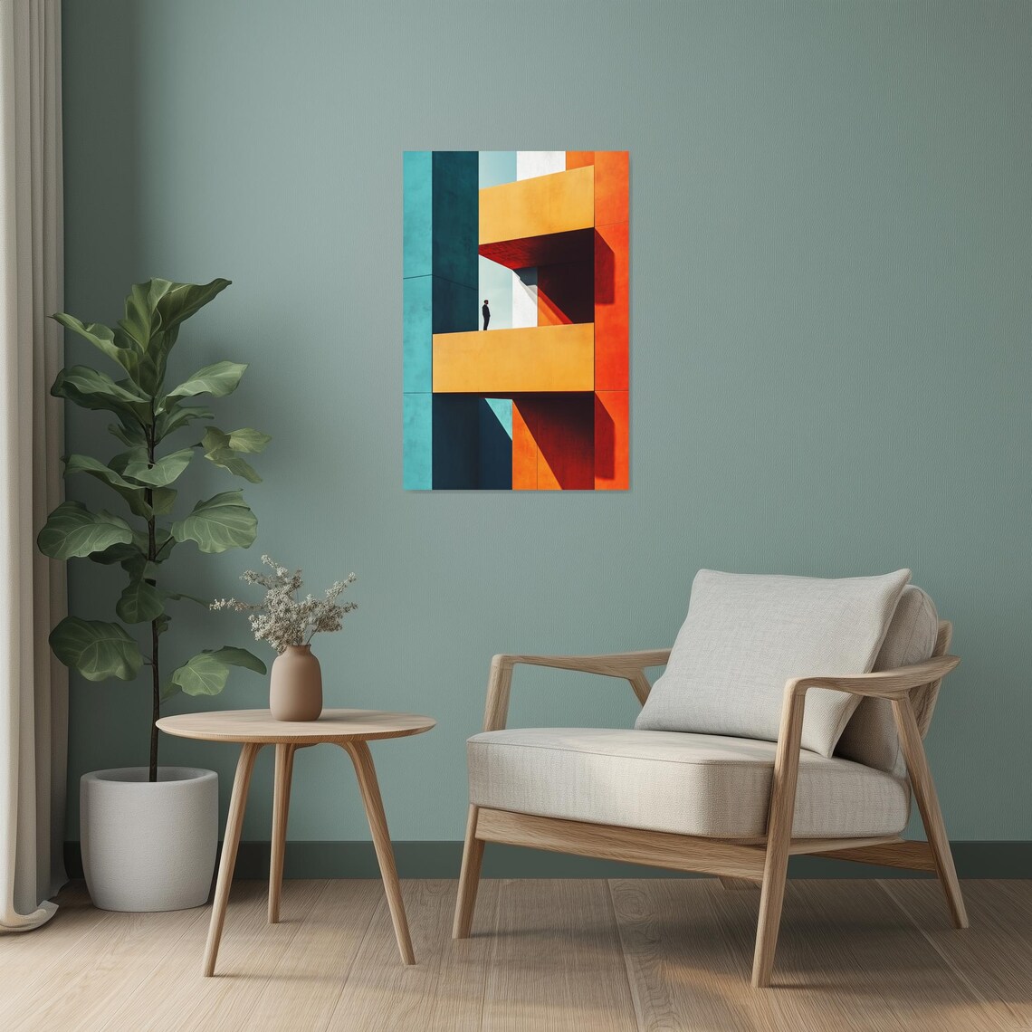 Colorful Geometric Building Solitary Man Architectural Art Poster - Image 2