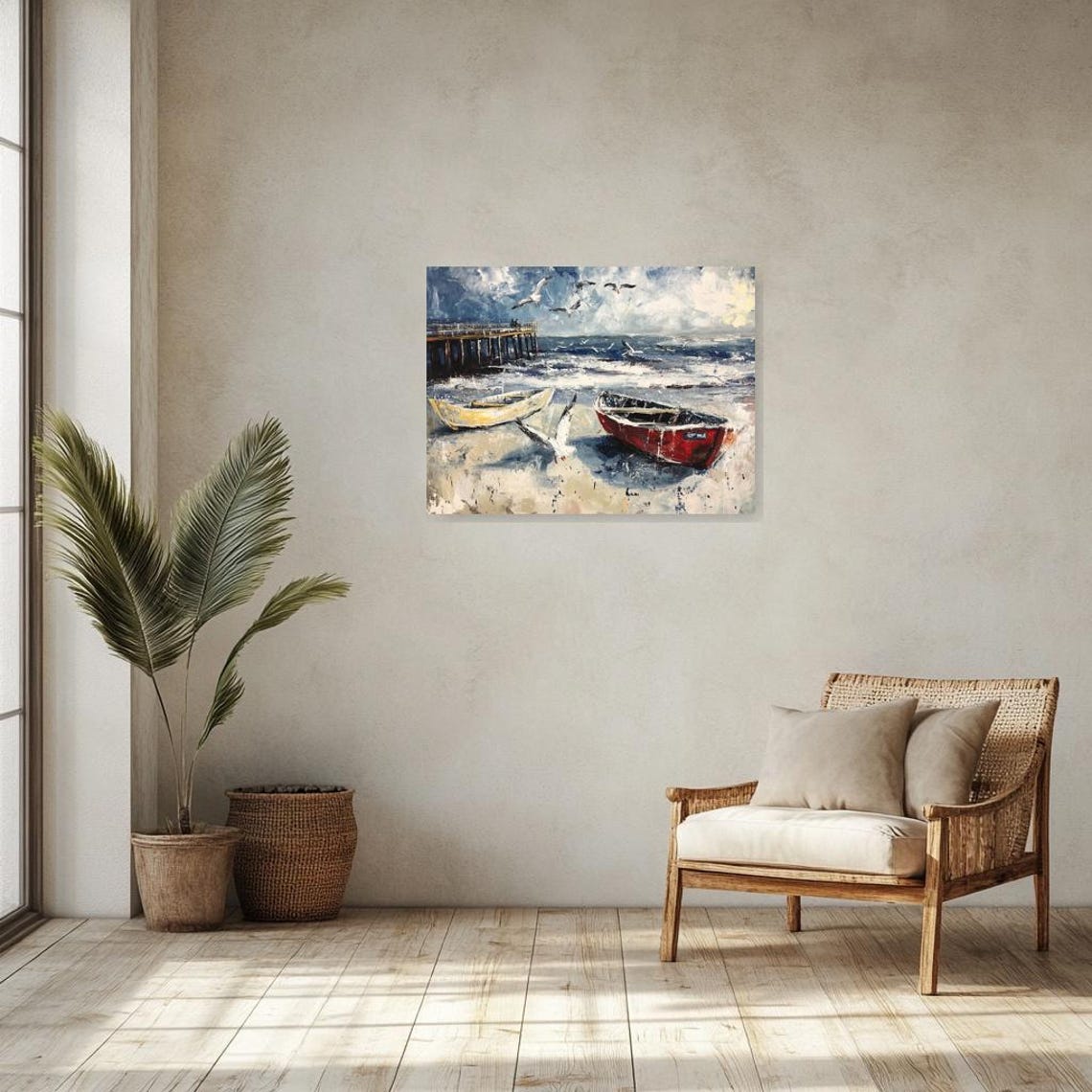 Coastal Harbor Scene with Beached Boats and Flying Seagulls Poster - Image 3