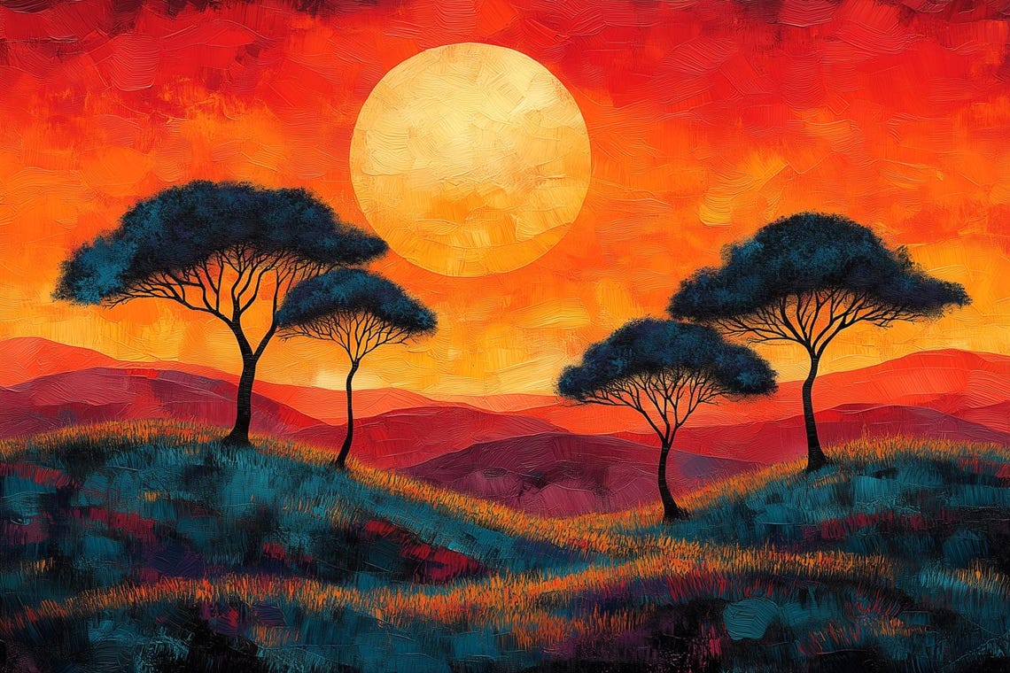 Fiery Red Sunset Landscape with Silhouetted Acacia Trees Poster